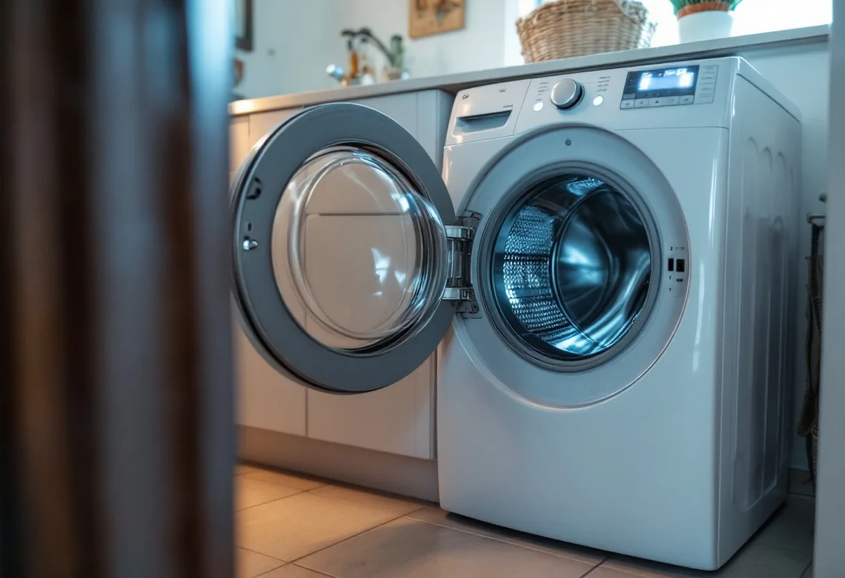 Modern white front-load washer with a round glass door with the control panel lit and an error showing