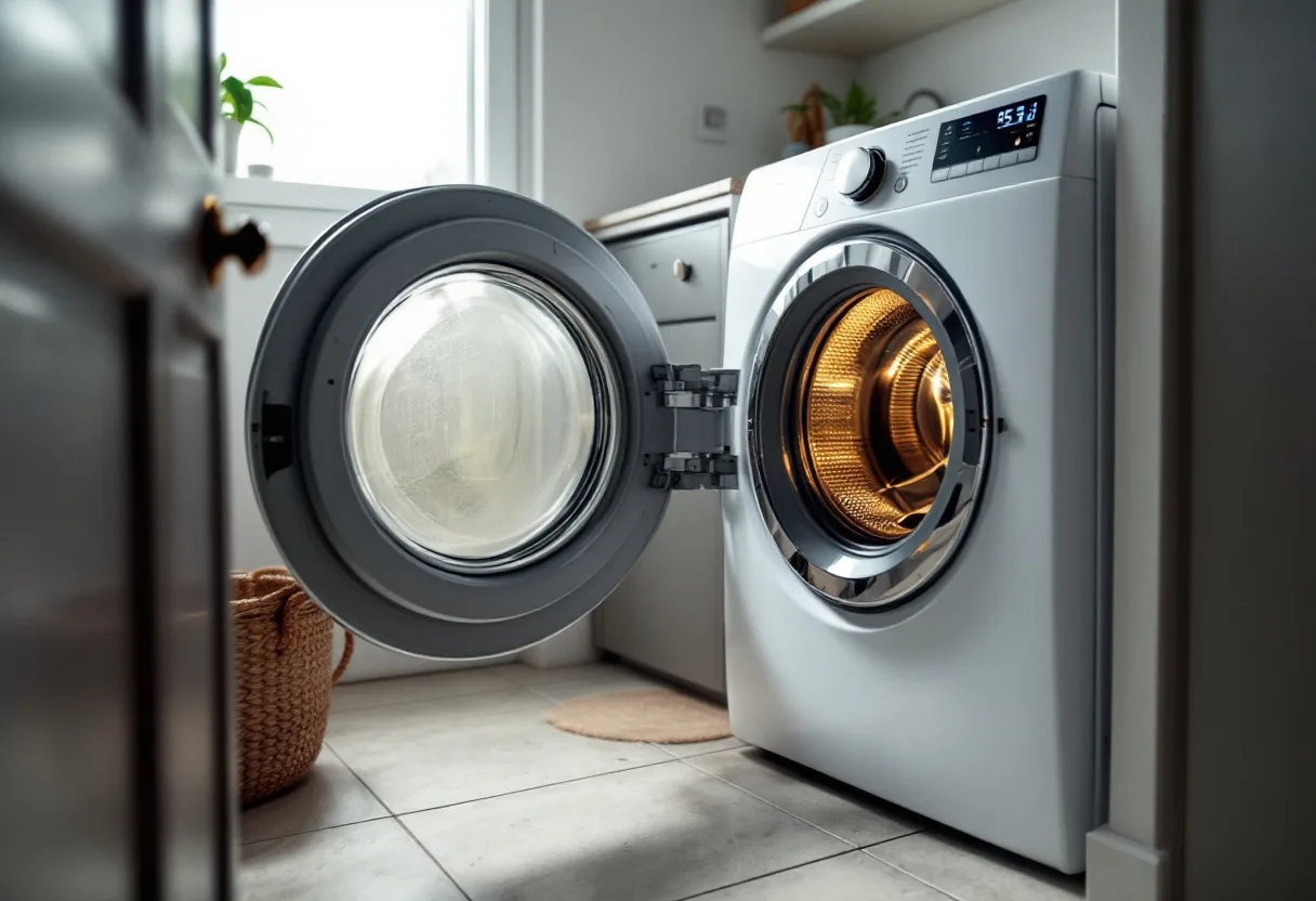 Modern white front-load washer with a round glass door with the control panel lit and an error showing