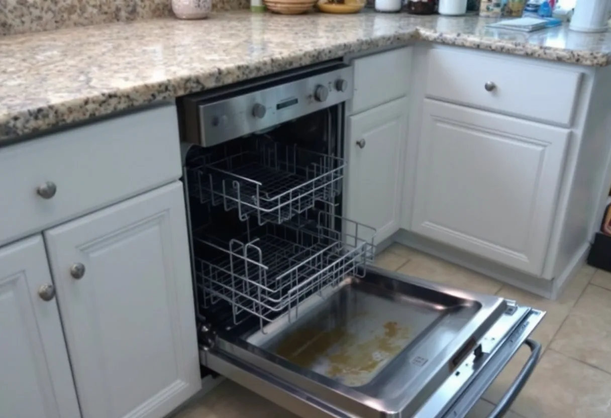 Stainless built-in dishwasher with the door open and standing water in the bottom