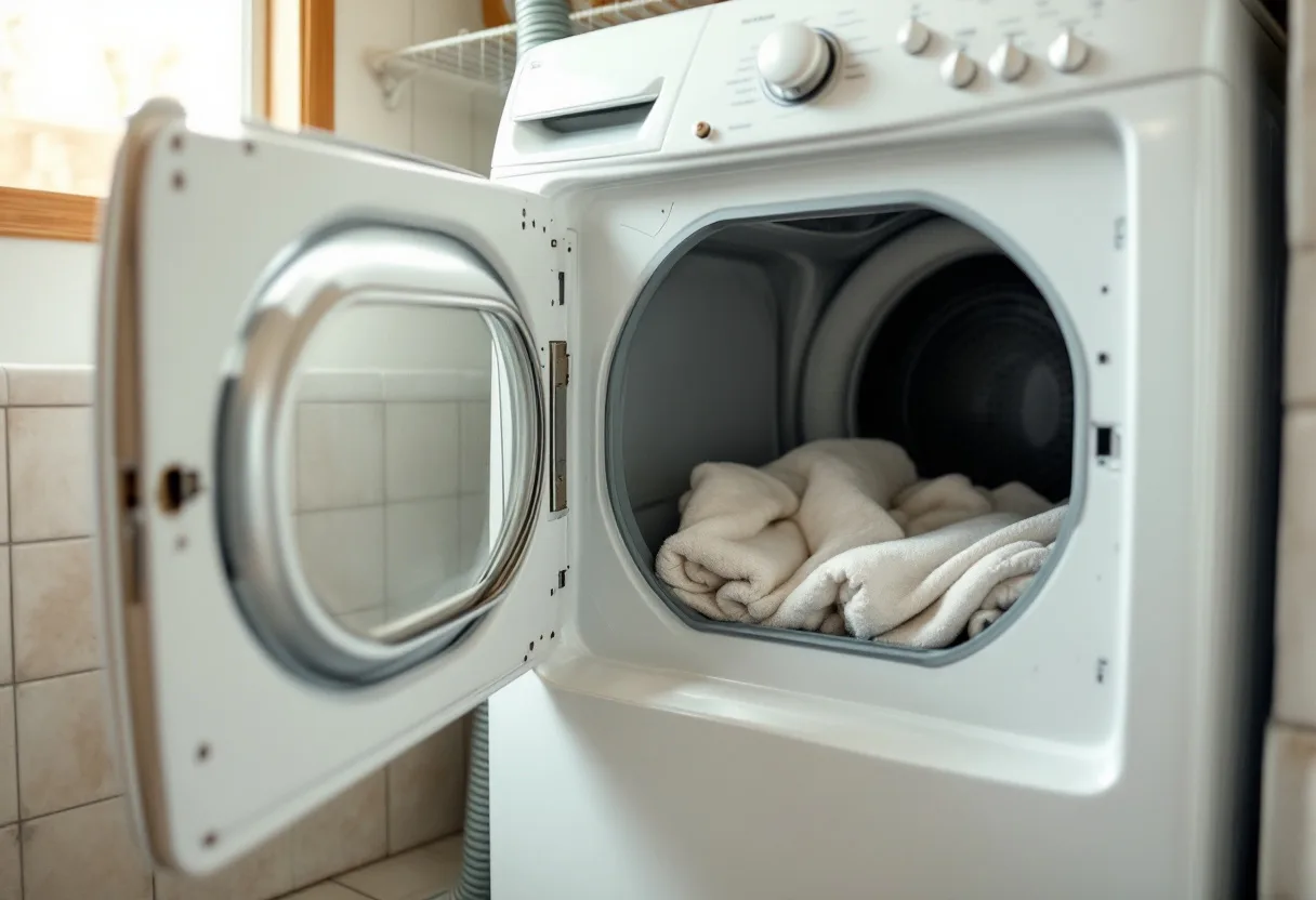 Classic white dryer with a square door with the door open and damp laundry inside