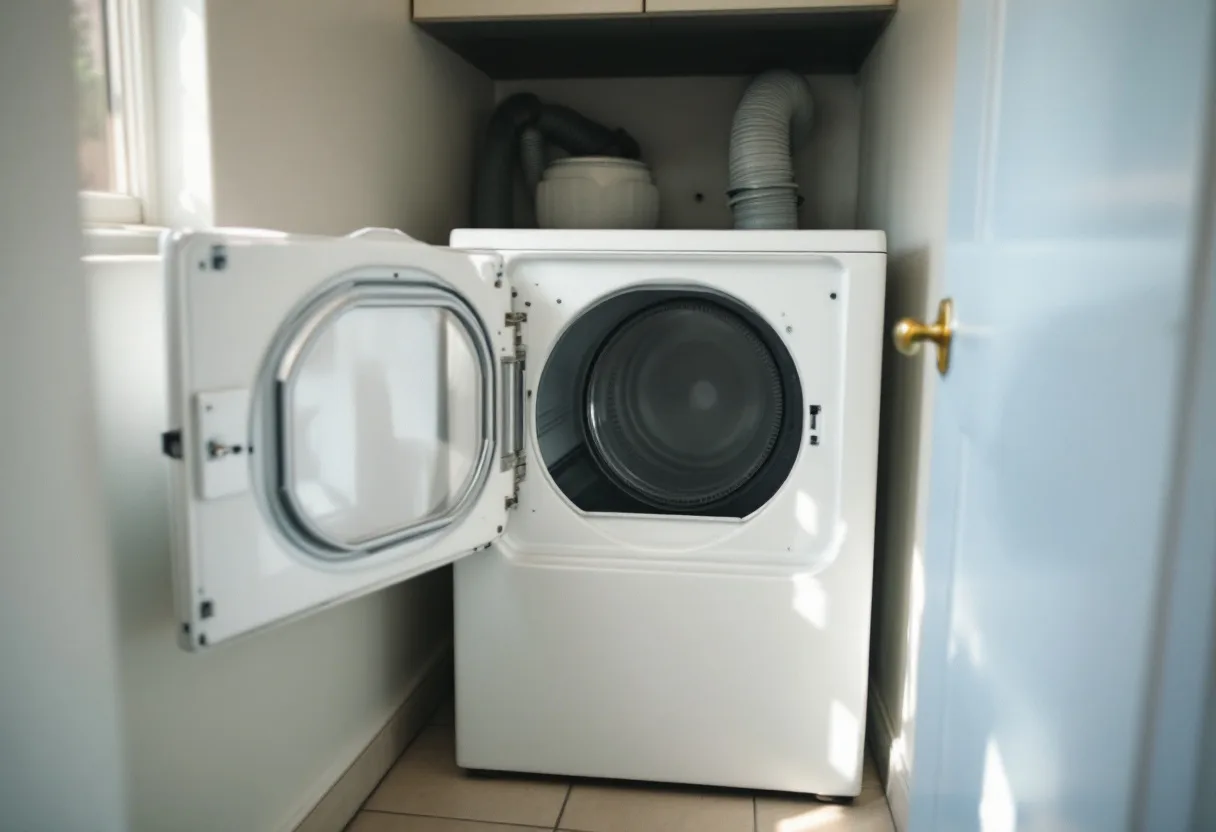 Classic white dryer with a square door sitting silent with the door open